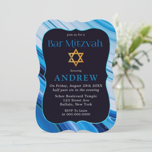 Blauer weißer Marmor Bar Mitzvah Star von David Einladung (Stehend Vorderseite)