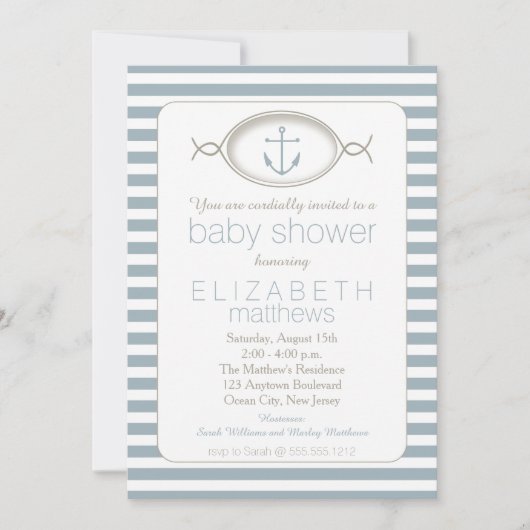 Blauer weißer Nautikanker Stripter Kinderdusche Einladung (Vorderseite)