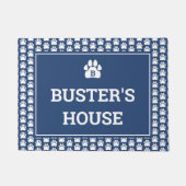 Blauer weißer Paw Druckhund Name Fußmatte (Vorderseite)