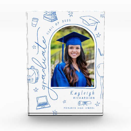 Blauer, weißer Retro-Hand gezogener Abschluss Foto (Vorderseite)