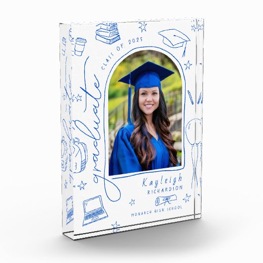 Blauer, weißer Retro-Hand gezogener Abschluss Foto (Links)