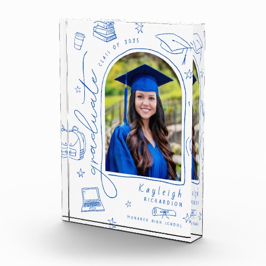 Blauer, weißer Retro-Hand gezogener Abschluss Foto (Rechts)