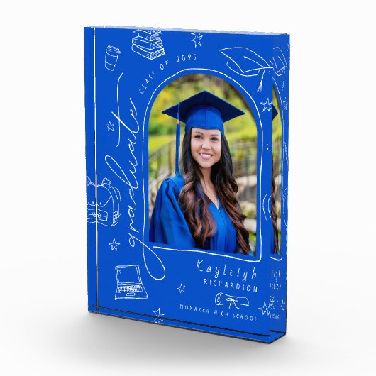 Blauer, weißer Retro-Hand gezogener Abschluss Foto (Rechts)