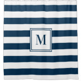 Blauer weißer Rugby Streifen Monogramm Badezimmer Duschvorhang (Vorderseite)