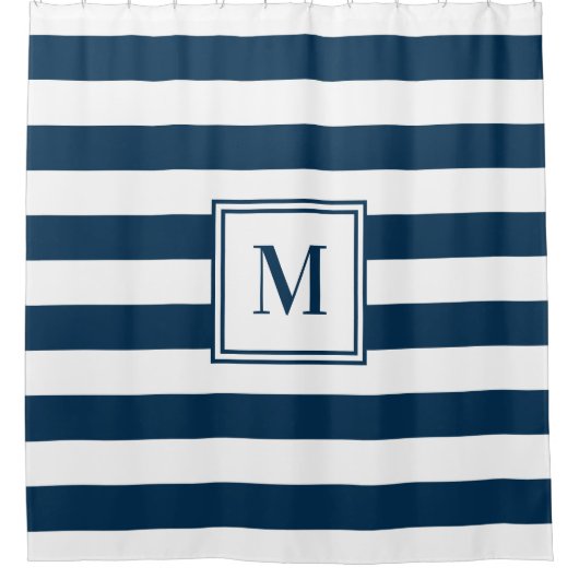 Blauer weißer Rugby Streifen Monogramm Badezimmer Duschvorhang (Vorderseite)