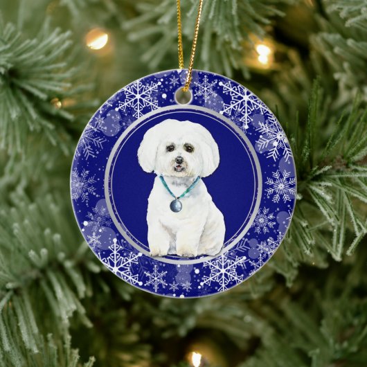 Blauer weißer Schneeflocken Malteser Hund Weihnach Keramik Ornament (Baum)