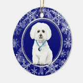 Blauer weißer Schneeflocken Malteser Hund Weihnach Keramik Ornament (Links)