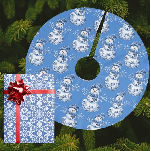 Blauer weißer Schneemann  Polyester Weihnachtsbaumdecke