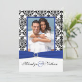 Blauer, weißer, schwarzer Damast Foto Einladung Ho (Stehend Vorderseite)