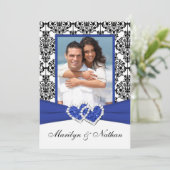 Blauer, weißer, schwarzer Damast Foto Einladung Ho (Stehend Vorderseite)
