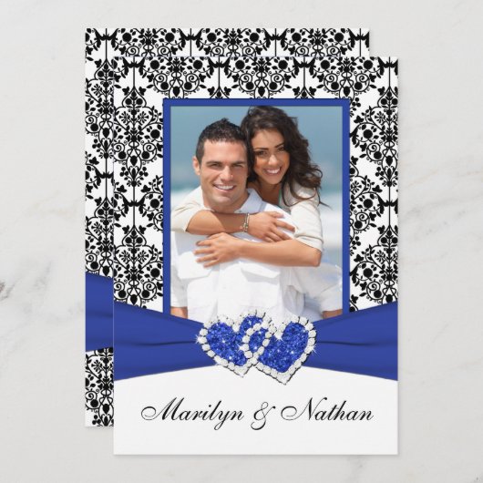 Blauer, weißer, schwarzer Damast Foto Einladung Ho (Vorne/Hinten)