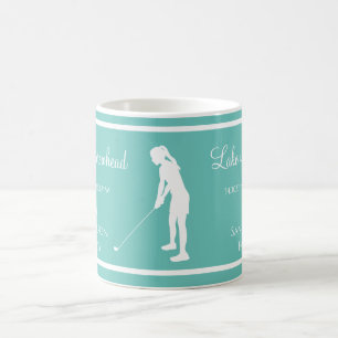 Blauer Weißer See Name Lady Golfer Silhouette Kaffeetasse