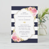 Blauer weißer Streifen Blush Pink Bläserblütenhoch Einladung (Stehend Vorderseite)