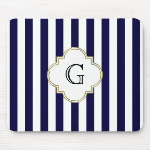 Blauer weißer Streifen, weißes Monogramm-Etikett Mousepad