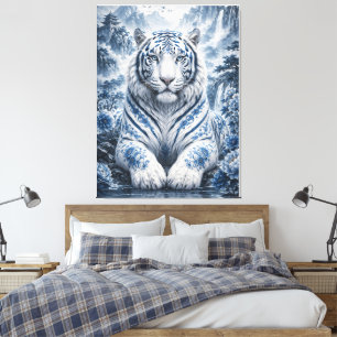 Blauer Weißer Tiger Sitzt Ruhig Wasserfall Fantasi Leinwanddruck