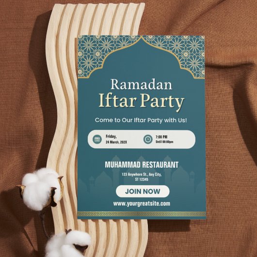 Blauer, weißer und goldener Ramadan Iftar Einladun Einladung