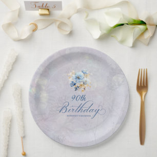 Blauer Weißer Wasserfarben Floral 90. Geburtstag Pappteller