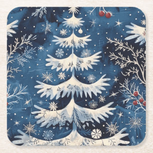 Blauer weißer Weihnachtsbaum Feiertags-Papiersetze Rechteckiger Pappuntersetzer