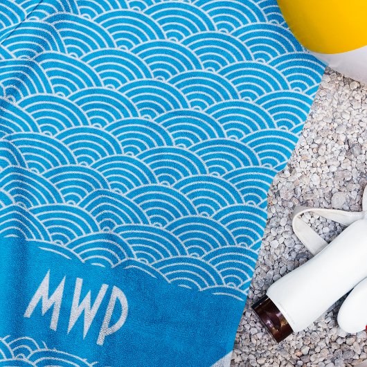Blauer Wellenmuster Monogram Beach Handtuch