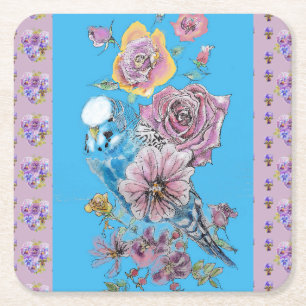 Blauer Wellensittich Aquarell Flieder floral Papie Rechteckiger Pappuntersetzer
