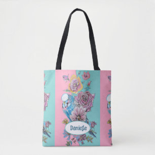 Blauer Wellensittich-Vogel Rose Blumig Rosa Aqua M Tasche