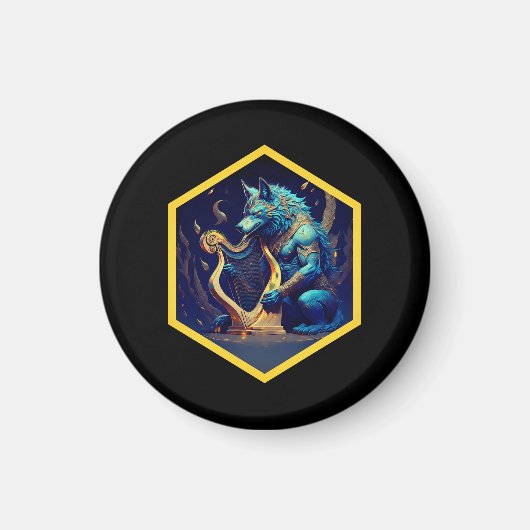 Blauer Werwolf spielt eine goldene Harfe Magnet (Vorne)