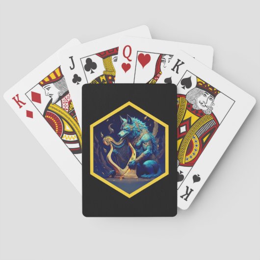 Blauer Werwolf spielt eine goldene Harfe Spielkarten (Rückseite)