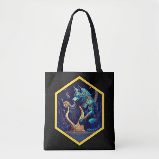 Blauer Werwolf spielt eine goldene Harfe Tasche (Vorderseite)