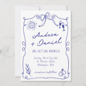 Blauer Whimsical Quirky Hand gezeichnete Hochzeit Einladung (Vorderseite)