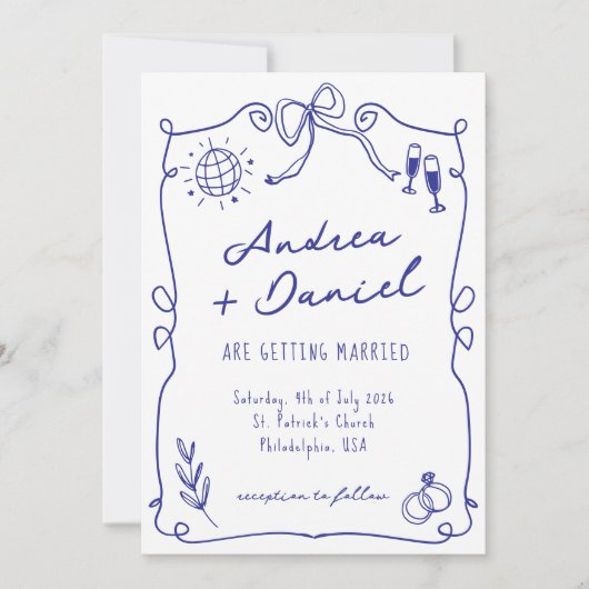 Blauer Whimsical Quirky Hand gezeichnete Hochzeit Einladung (Vorderseite)