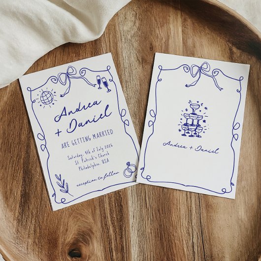 Blauer Whimsical Quirky Hand gezeichnete Hochzeit Einladung