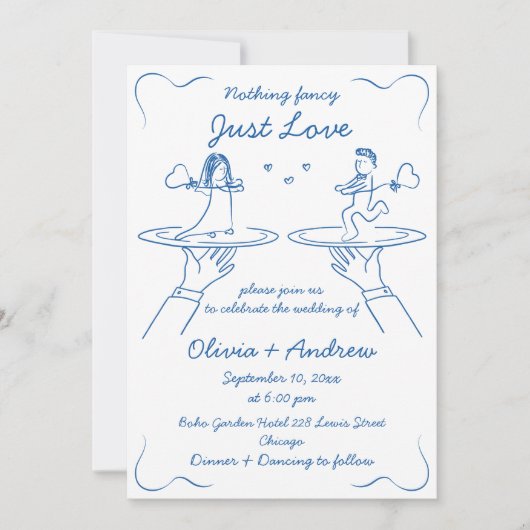 Blauer Whimsikaler handgezeichneter Hochzeitsdruck Einladung (Vorderseite)