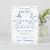 Blauer Whimsikaler handgezeichneter Hochzeitsdruck Einladung (Stehend Vorderseite)