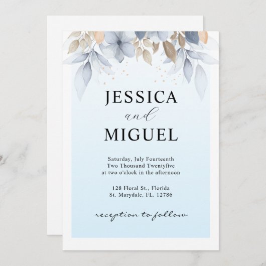 Blauer Whimsikaler Stil: Einladung zur Blumenhochz (Vorne/Hinten)