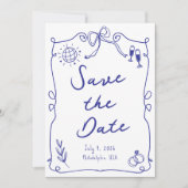 Blauer Whimsikspass Quirky Hand gezeichnete Hochze Save The Date (Vorderseite)