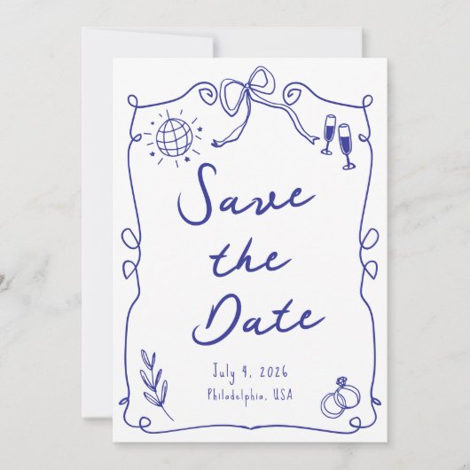 Blauer Whimsikspass Quirky Hand gezeichnete Hochze Save The Date (Vorderseite)