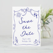 Blauer Whimsikspass Quirky Hand gezeichnete Hochze Save The Date (Stehend Vorderseite)