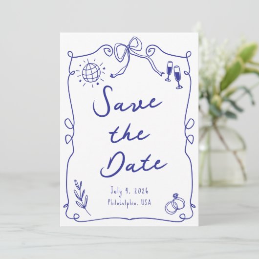 Blauer Whimsikspass Quirky Hand gezeichnete Hochze Save The Date (Stehend Vorderseite)