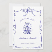Blauer Whimsikspass Quirky Hand gezeichnete Hochze Save The Date (Rückseite)