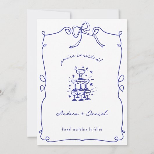 Blauer Whimsikspass Quirky Hand gezeichnete Hochze Save The Date (Rückseite)