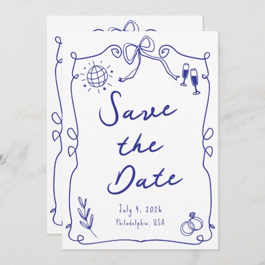 Blauer Whimsikspass Quirky Hand gezeichnete Hochze Save The Date (Vorne/Hinten)