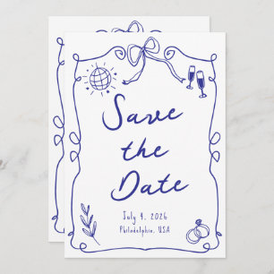 Blauer Whimsikspass Quirky Hand gezeichnete Hochze Save The Date