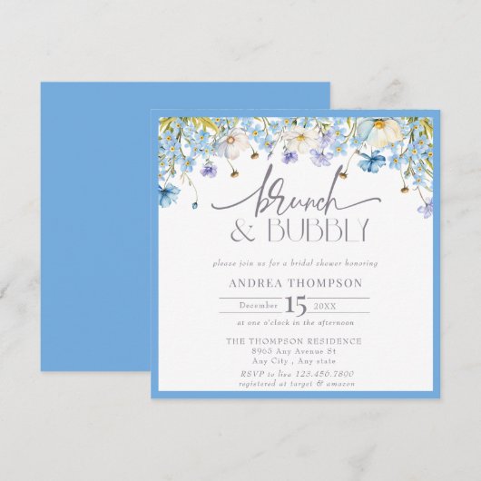 Blauer Wildblume Blumenbrunch Bubbly Brautparty Einladung (Vorne/Hinten)