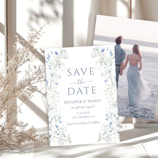 Blauer Wildblume Floral Boho Save the Date Foto Einladung