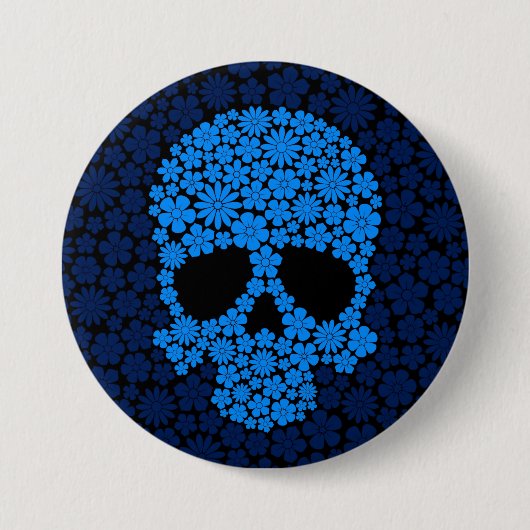Blauer wilder Blumen-Schädel Button (Vorderseite)