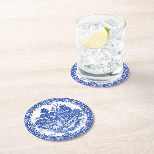 Blauer Wildfox Füchse Floral Antiker Pagoda Bird Runder Pappuntersetzer (Vor Ort)