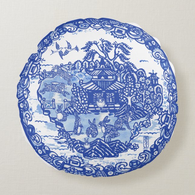 Blauer Willow Bunny Rabbit FloraI Insel der Tiere Rundes Kissen (Vorderseite)