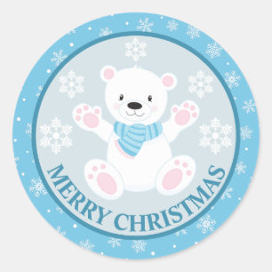Blauer Winter Eisbär und Schneeflocken Weihnachten Runder Aufkleber