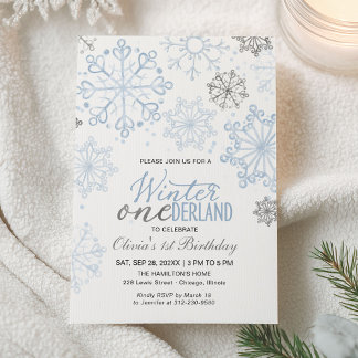 Blauer Winter Onederland 1. Geburtstag Schneeflock Einladung