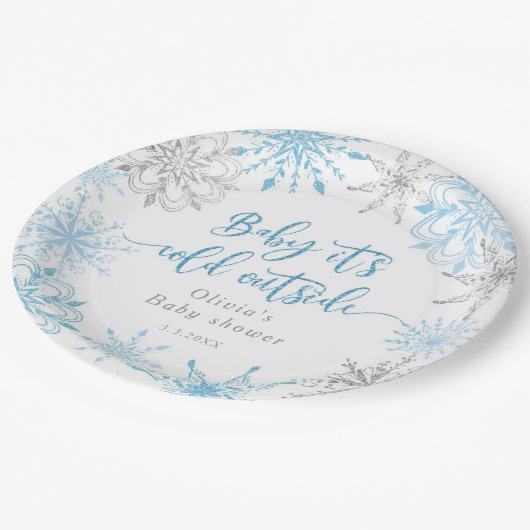 Blauer Winter Silber Schneeflocken Babydusche Ball Pappteller (Schrägansicht)